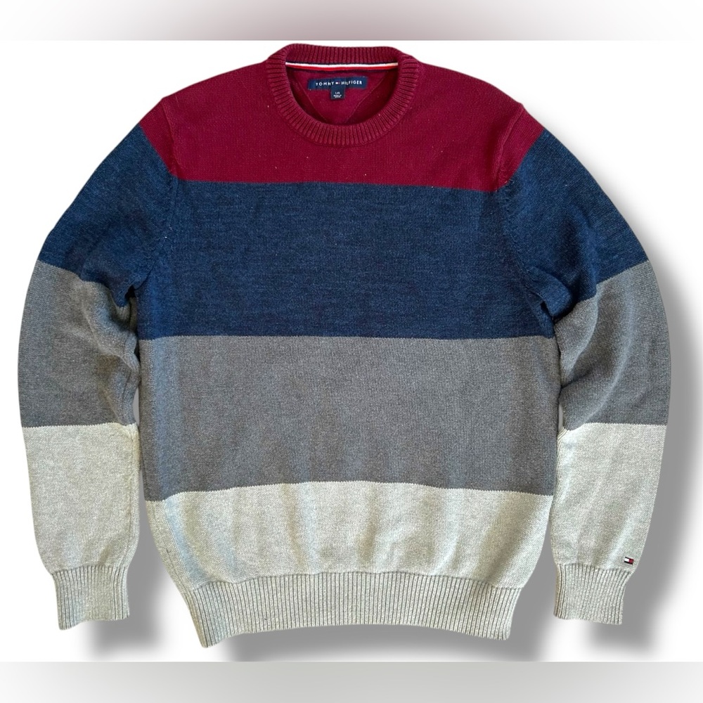 Tommy Hilfiger 100% Cotton Heavyweight Stripe Colorblock Crewneck Sweater size L
